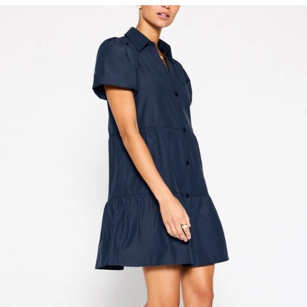 Brochu Walker Havana Mini Dress Small Navy Tiered Puff Sleeve Preppy Coastal - Picture 3 of 13